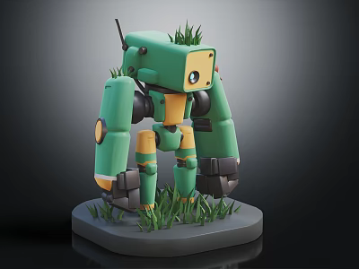 Green Mechanical Robot Figure With Grass Growing On Body And Base 3d model