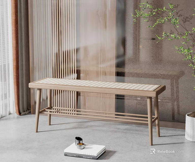 Modern Wooden Bench With Minimalist Design In Indoor Space With Green Plant Decor 3d model 