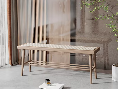 Modern Wooden Bench With Minimalist Design In Indoor Space With Green Plant Decor 3d model