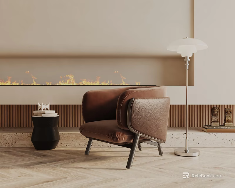 Comfortable Brown Lounge Chair In Cozy Living Room With Fireplace Floor Lamp And Side Table 3d model 