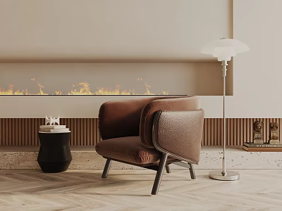 Comfortable Brown Lounge Chair In Cozy Living Room With Fireplace Floor Lamp And Side Table 3d model