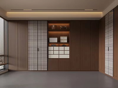 Modern Wardrobe Design With Wooden Sliding Doors And Storage Shelves 3d model