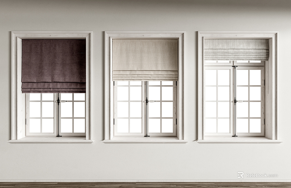 Different Styles Of Roman Shades On Windows In Minimalist Interior 3d model 