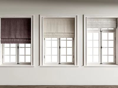 Different Styles Of Roman Shades On Windows In Minimalist Interior 3d model