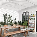 Villa Balcony With Lush Plants And Wooden Furniture Under Lattice Roof