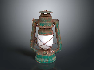 Vintage Green Kerosene Lamp With Rustic Metal Structure And Glass Cover 3d model