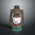 Vintage Green Kerosene Lamp With Rustic Metal Structure And Glass Cover
