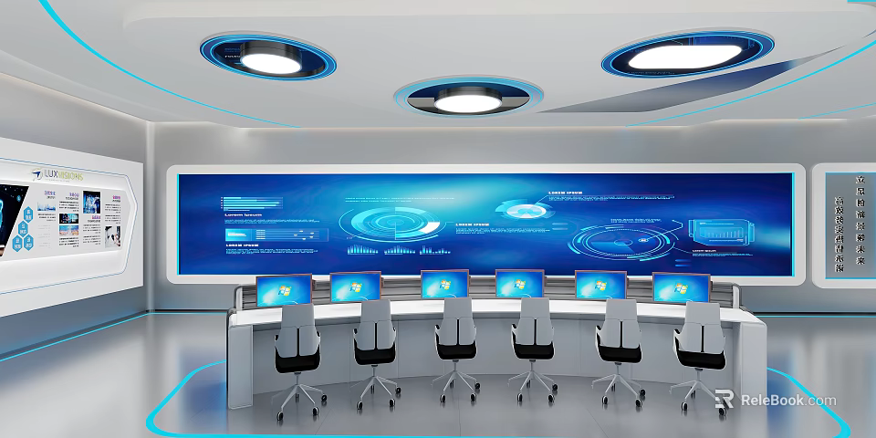 Modern High Tech Monitoring Room With Large Control Screen Multiple Displays And Workstations 3d model 