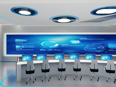 Modern High Tech Monitoring Room With Large Control Screen Multiple Displays And Workstations 3d model