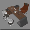 Modern Office Desk With Brown Leather Chair White Mesh Chairs And Desktop Accessories