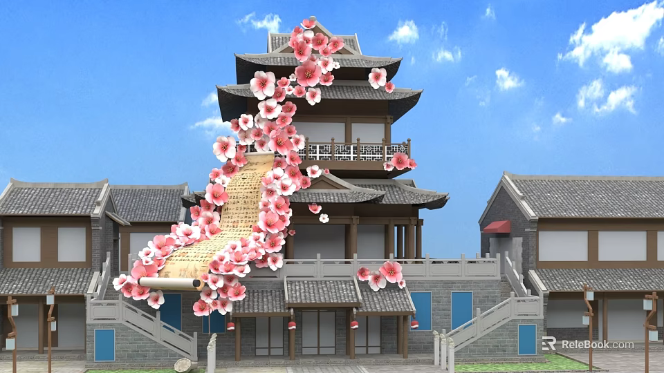 Traditional Chinese Architecture Photo Spot With Multi story Tower And Pink Cherry Blossoms 3d model 