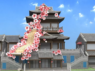 Traditional Chinese Architecture Photo Spot With Multi story Tower And Pink Cherry Blossoms 3d model