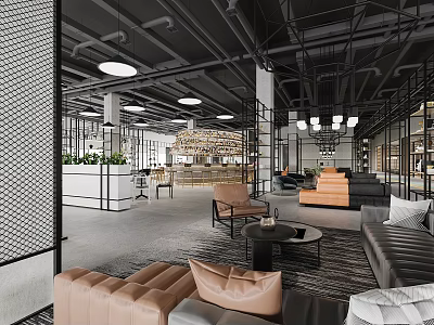 Industrial Style Bar Interior With Sofas Pendant Lights And Open Layout 3d model