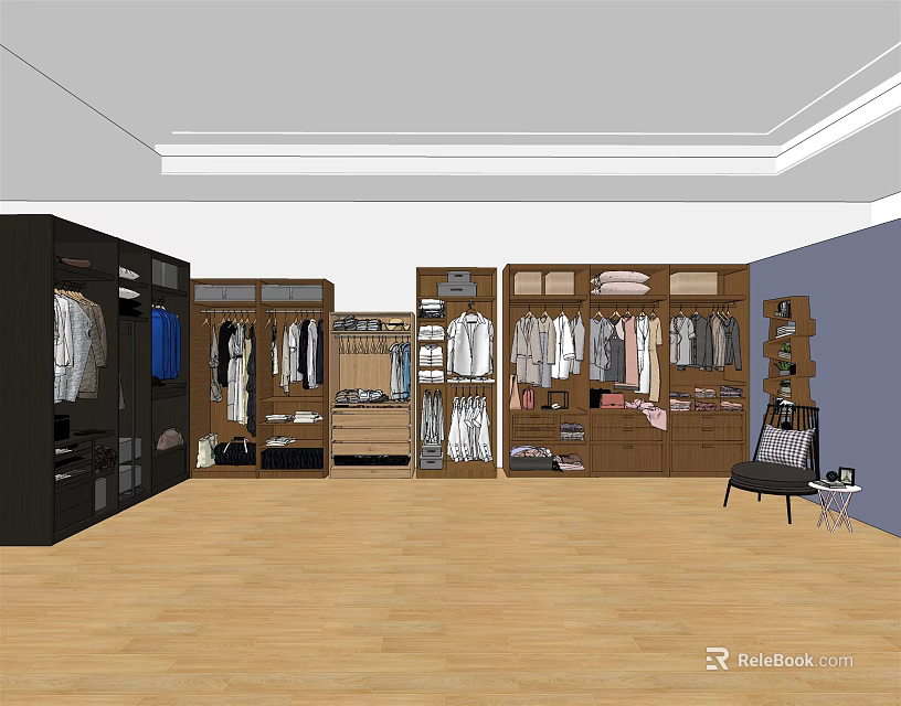 Spacious Walk in Closet with Wooden and Black Wardrobe Design Hanging Rods Drawers and Shelves 3d model 