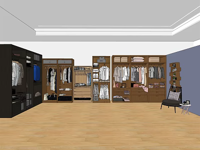 Spacious Walk in Closet with Wooden and Black Wardrobe Design Hanging Rods Drawers and Shelves 3d model