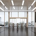 Modern Front Desk Reception Lobby With Glass Doors Marble Flooring Display Screen And Green Plants