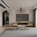 Modern Dining Living Room Interior With Wooden Rattan Decor Round Table And Green Plant