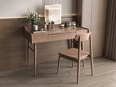 Modern Wooden Dressing Table with Chair Mirror Vase and Cosmetics in Wooden Room 3d model
