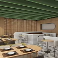 Restaurant Interior With Green Ceiling Wooden Walls Bamboo Screens White Bar And Tables With Plates
