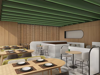 Restaurant Interior With Green Ceiling Wooden Walls Bamboo Screens White Bar And Tables With Plates 3d model