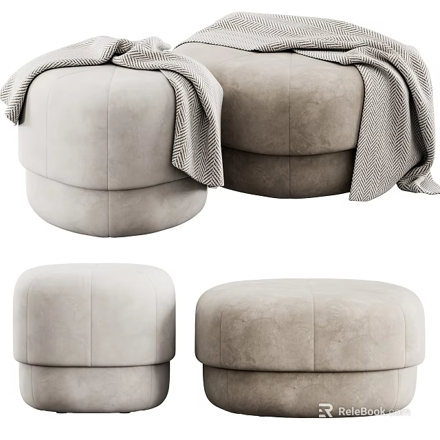 Light Gray Round Velvet Ottoman Stools With Soft Throw Blanket For Modern Living Interior Design 3d model 