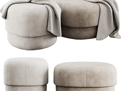 Light Gray Round Velvet Ottoman Stools With Soft Throw Blanket For Modern Living Interior Design 3d model