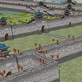 Ancient Chinese City Wall With Gray Stone Red Watchtowers Blue Tiled Roofs And Mountain Backdrop