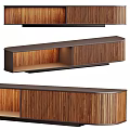 Modern Wooden Dresser With Striped Panels And Open Storage Space On Metal Base