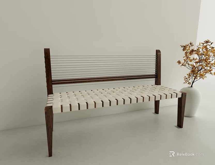 Leisure Bench With Wooden Frame And Woven White Seat Near White Vase With Yellow Flowers 3d model 