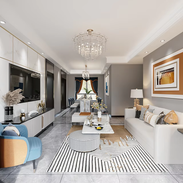 Modern Living and Dining Room Interior with Chandelier TV Wall White Sofa and Striped Rug 3d model 