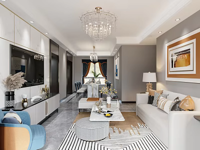 Modern Living and Dining Room Interior with Chandelier TV Wall White Sofa and Striped Rug 3d model