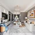 Modern Living and Dining Room Interior with Chandelier TV Wall White Sofa and Striped Rug