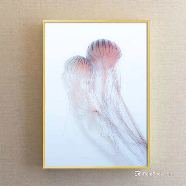 Elegant Jellyfish Animal Painting With Pink Tentacles White Background And Golden Frame 3d model 