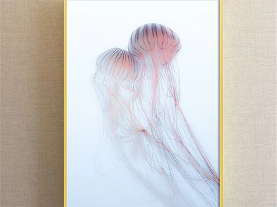 Elegant Jellyfish Animal Painting With Pink Tentacles White Background And Golden Frame 3d model