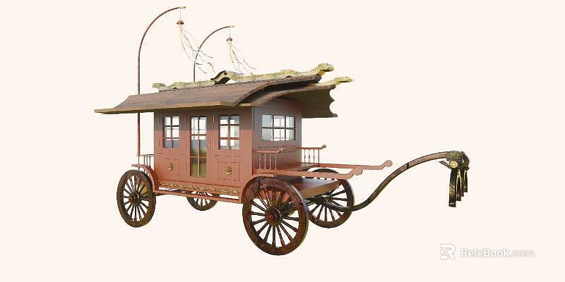 Traditional Chinese Carriage With Ornate Roof Wooden Structure Windows And Large Wheels 3d model 