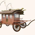 Traditional Chinese Carriage With Ornate Roof Wooden Structure Windows And Large Wheels