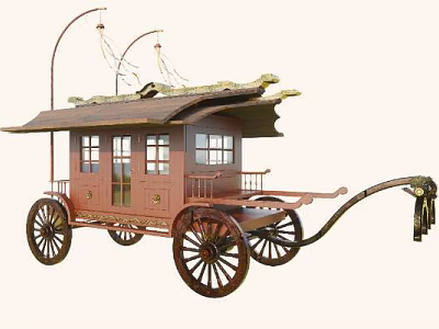 Traditional Chinese Carriage With Ornate Roof Wooden Structure Windows And Large Wheels 3d model
