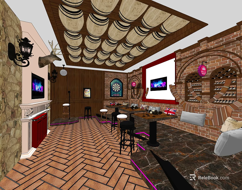 KTV Lounge With Brick Walls Barrel Ceiling Bar Counter TV Screens Dartboard And Wooden Floor 3d model 