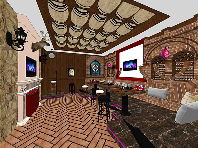 KTV Lounge With Brick Walls Barrel Ceiling Bar Counter TV Screens Dartboard And Wooden Floor 3d model
