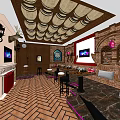 KTV Lounge With Brick Walls Barrel Ceiling Bar Counter TV Screens Dartboard And Wooden Floor