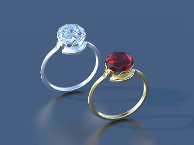 Elegant Silver And Gold Jewelry Rings With Clear Diamond And Red Gemstone 3d model
