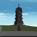 Ancient Multi Tiered Pagoda Traditional Wooden Structure Surrounded By Green Hills And Stone Path 3d model