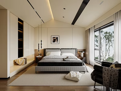 Modern Minimalist Bedroom With Double Bed Large Window Area Rug Nightstands And Table Lamps 3d model