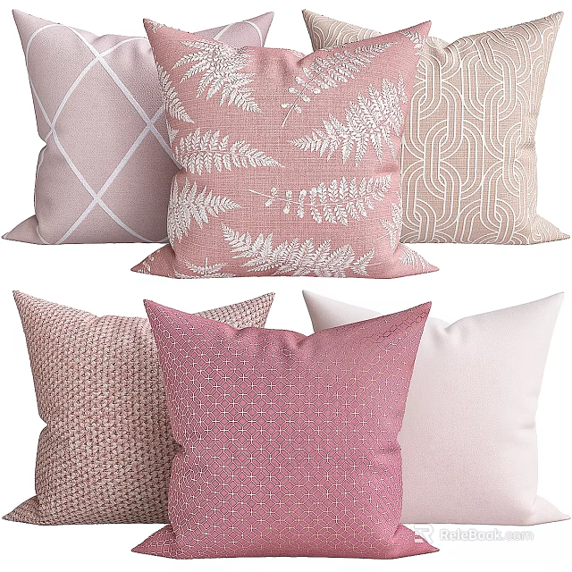 Stylish Pink Beige Cushions With Fern Geometric Dot Patterns For Home Decoration 3d model 