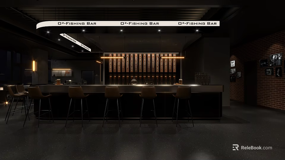 O'Fishing Bar Modern Interior With Bar Counter Stools And Wine Racks 3d model 