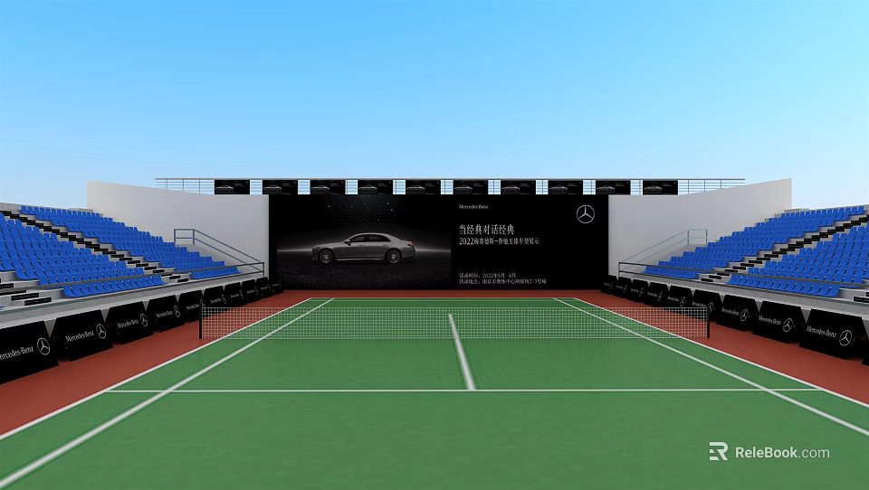 Outdoor Tennis Court Sports Fitness With Green Surface And Blue Spectator Stands 3d model 