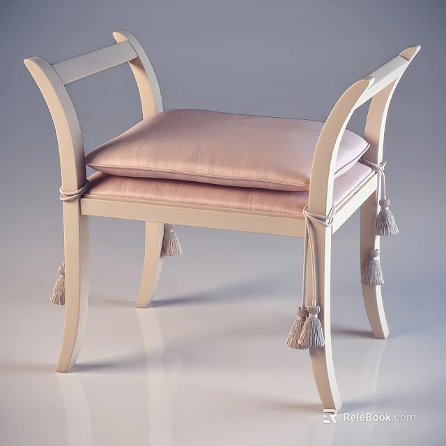 Elegant Ottoman With Light Wooden Frame Pink Padded Cushion And Tassel Decorations 3d model 
