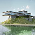 Modern Waterfront Building With Green Roof Glass Facade And Terrace Overlooking Lake
