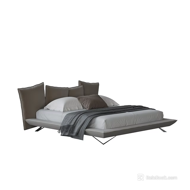 Modern Double Bed With Upholstered Headboard Metal Frame And Gray Blanket 3d model
