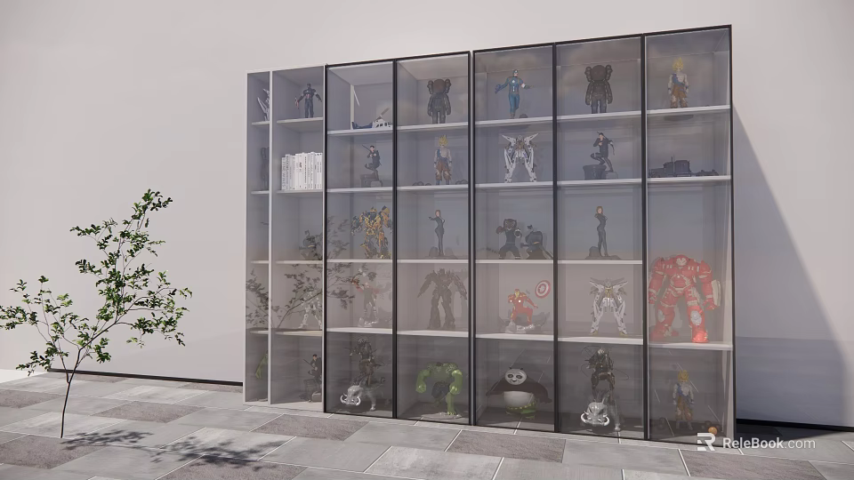 Various Action Figures Displayed in Glass Door Cabinet with Multiple Shelves and Indoor Potted Plant 3d model 